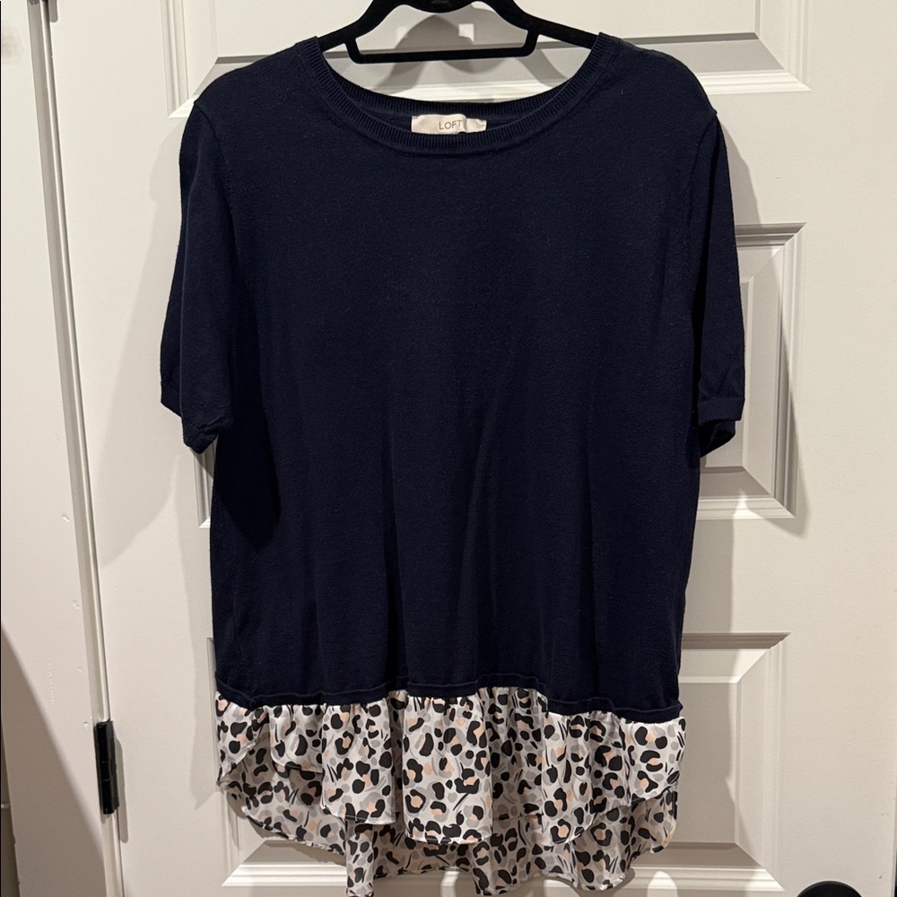 LOFT Navy and Animal Print Short Sleeve Top